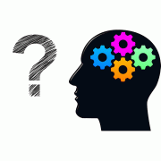 graphic of head with gears in brain area looking at a question mark